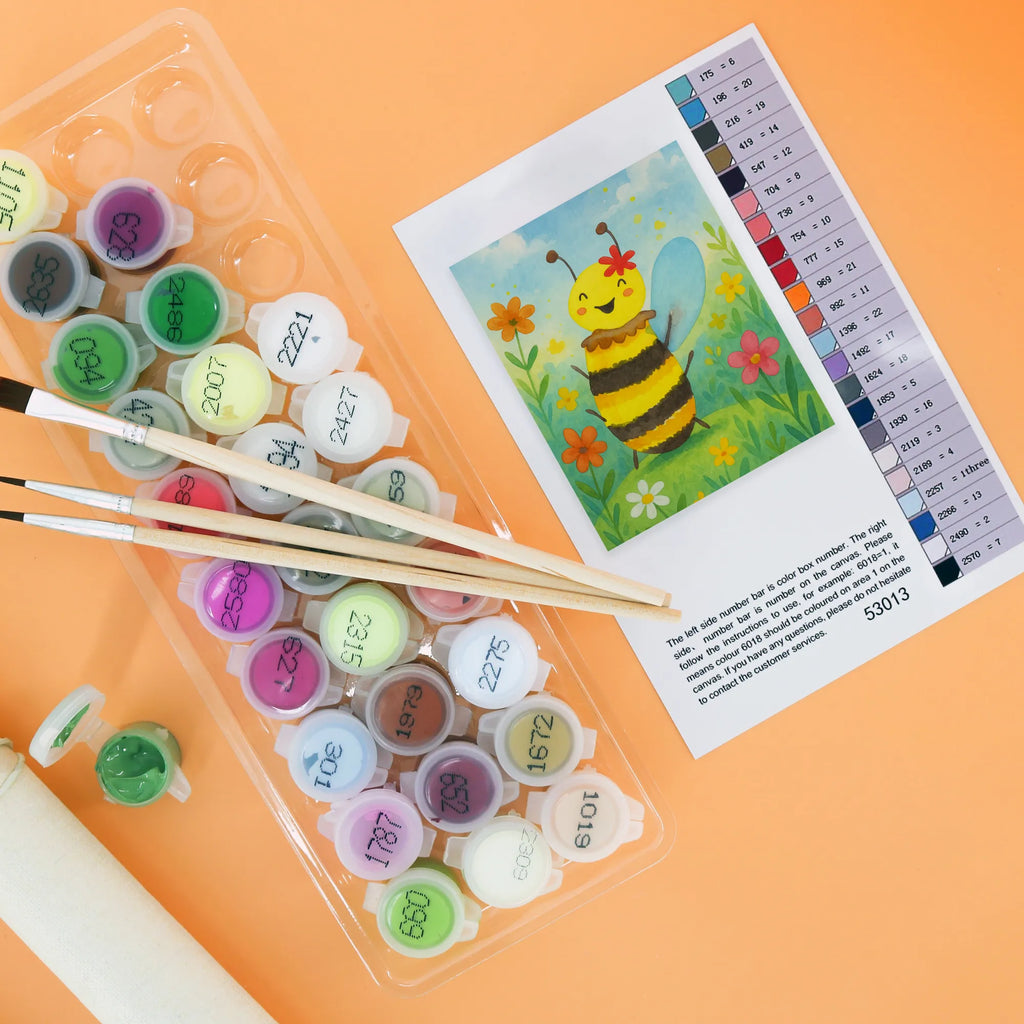 Paint by Numbers bee happy Design Kunstwerk, Bastelidee, Malen nach Zahlen, Ausmalbild, Malen, Kreativität, Baseln, Künstler, DIY, Biene, Wespe, Hummel