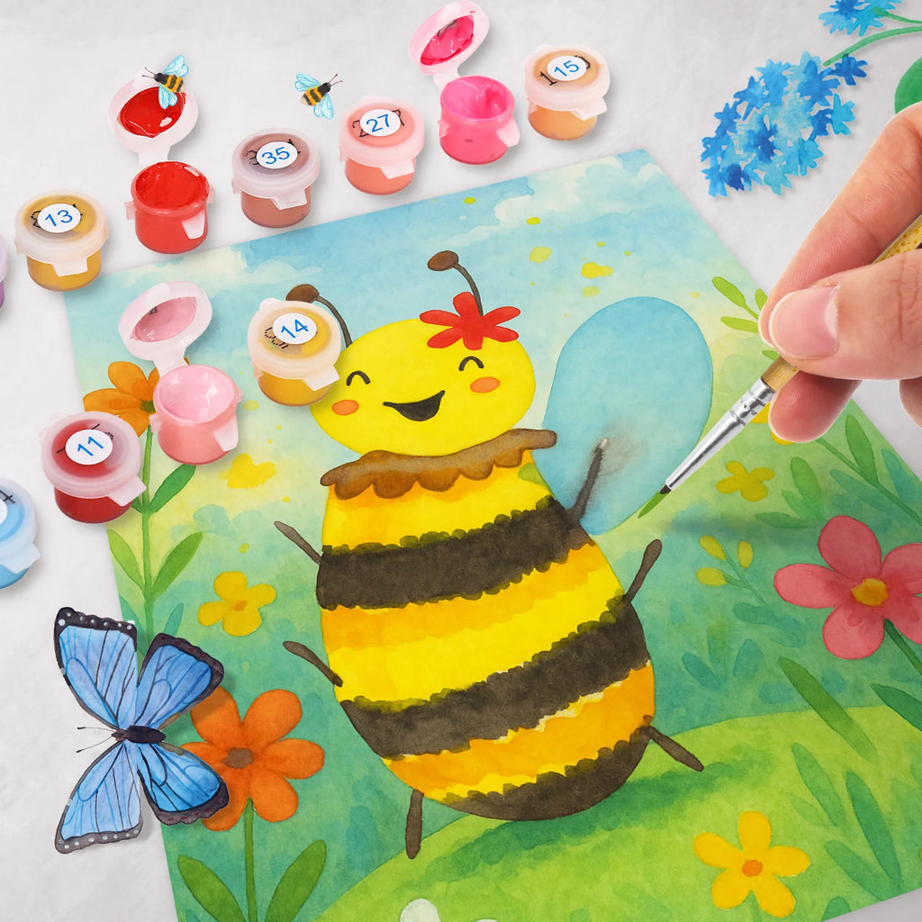 Paint by Numbers bee happy Design Kunstwerk, Bastelidee, Malen nach Zahlen, Ausmalbild, Malen, Kreativität, Baseln, Künstler, DIY, Biene, Wespe, Hummel