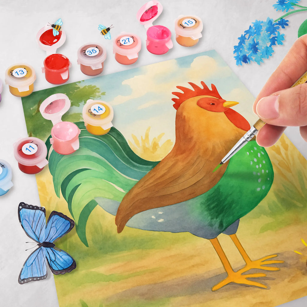 Malowanie według numerów kogut ziarno Design Bastelidee, Kreativität, Ausmalbild, Kunstwerk, DIY, Baseln, Malen, Malen nach Zahlen, Künstler, Bauernhof, Hoftiere, Landwirt, Landwirtin, Henne, Eier, Natur, Hahn, Korn