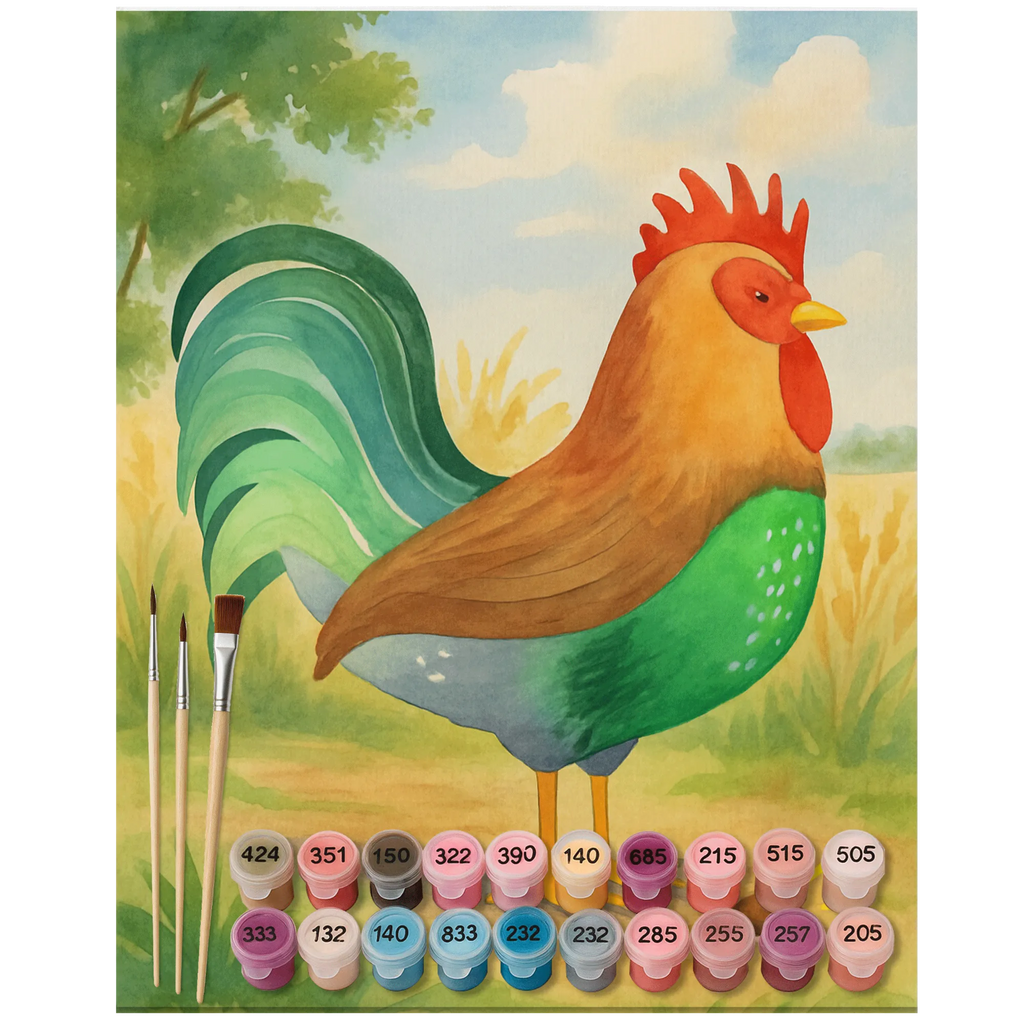 Malowanie według numerów kogut ziarno Design Bastelidee, Kreativität, Ausmalbild, Kunstwerk, DIY, Baseln, Malen, Malen nach Zahlen, Künstler, Bauernhof, Hoftiere, Landwirt, Landwirtin, Henne, Eier, Natur, Hahn, Korn