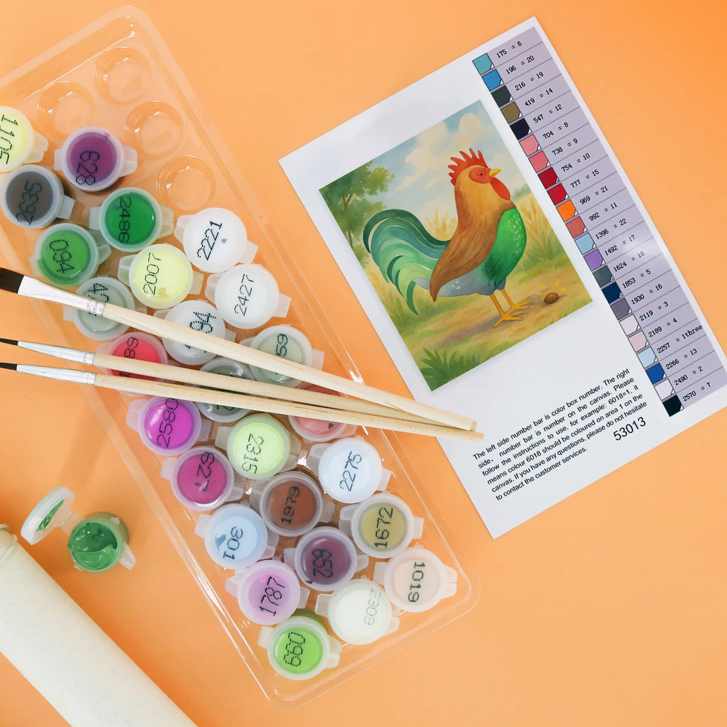 Malowanie według numerów kogut ziarno Design Bastelidee, Kreativität, Ausmalbild, Kunstwerk, DIY, Baseln, Malen, Malen nach Zahlen, Künstler, Bauernhof, Hoftiere, Landwirt, Landwirtin, Henne, Eier, Natur, Hahn, Korn