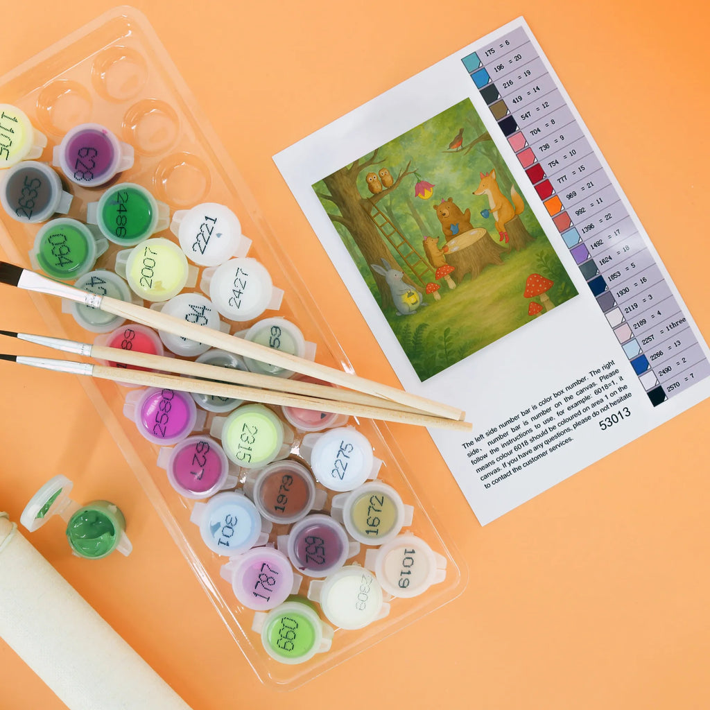 Malen nach Zahlen Waldtiere Picknick Design Ausmalbild, Künstler, Kunstwerk, Kreativität, Bastelidee, DIY, Baseln, Malen, Malen nach Zahlen, Tiermotive, Gute Laune, lustige Sprüche, Tiere, Wald, Igel, Picknick, Eichhörnchen, Hase, Maus, Fuchs, Waldtiere