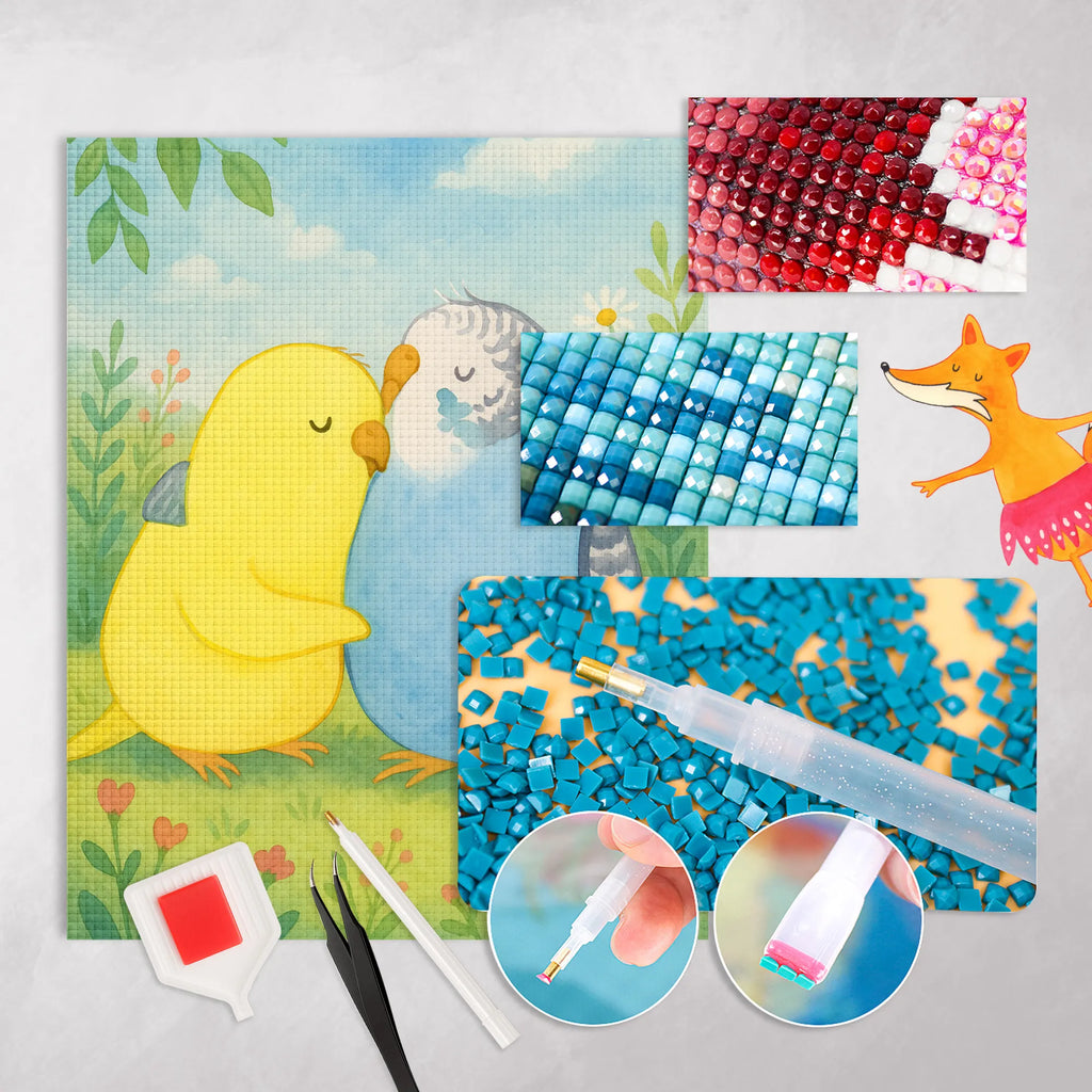 Diamond Painting Parakeets in love Design Love, Loving, Two, Together, Marriage, Engagement, Proposal of marriage, Love gift, gift for her, gift for him, anniversary gift, closeness, birds, trust, budgie, cuddling, love