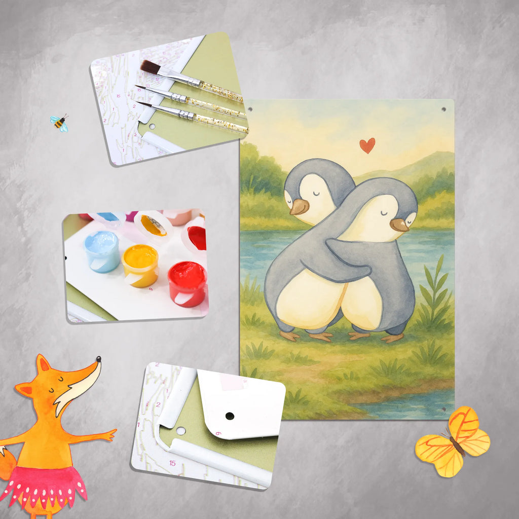 Metalowy szyld do malowania po numerach Pingwiny Przytulanie Design Miłość, partner, przyjaciel, przyjaciółka, mąż, żona, wesele, zaręczyny, prośba o rękę, prezent miłosny, rocznica, dzień ślubu