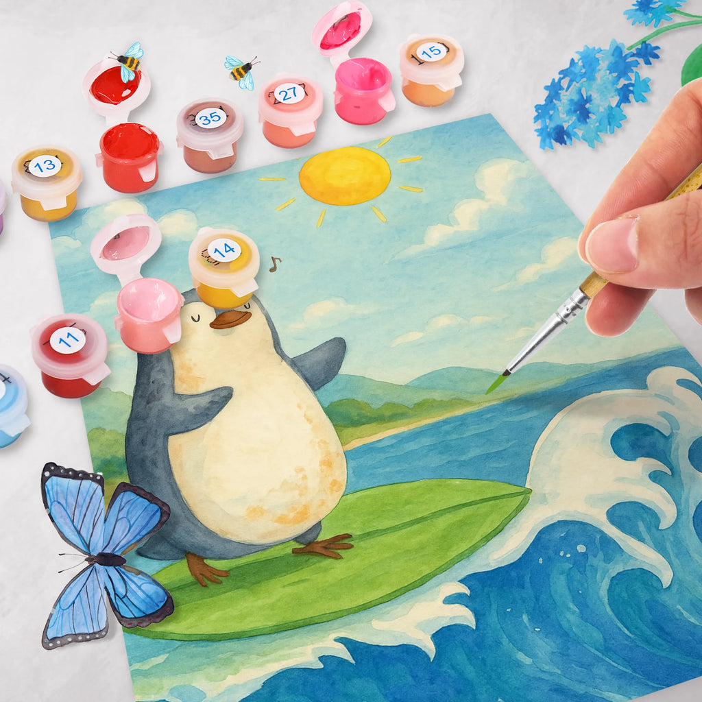 Paint by Numbers Penguin surfer Design Penguin, North Pole, Winter, Penguins, Portugal, surfers, waves, surfing, penguins, wave riding, Hawaii, holidays