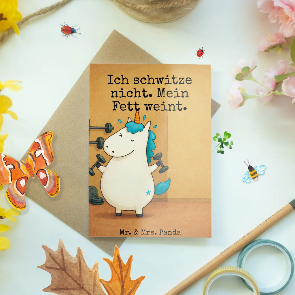 Grußkarte Einhorn Fitness Design Grußkarte, Klappkarte, Einladungskarte, Glückwunschkarte, Hochzeitskarte, Geburtstagskarte, Karte, Ansichtskarten, Einhorn, Einhörner, Einhorn Deko, Unicorn, Gym, Fitness, Fitnessstudio, Diät, Abnehmen, Sport, Pumpen, Geräte, Sixpack