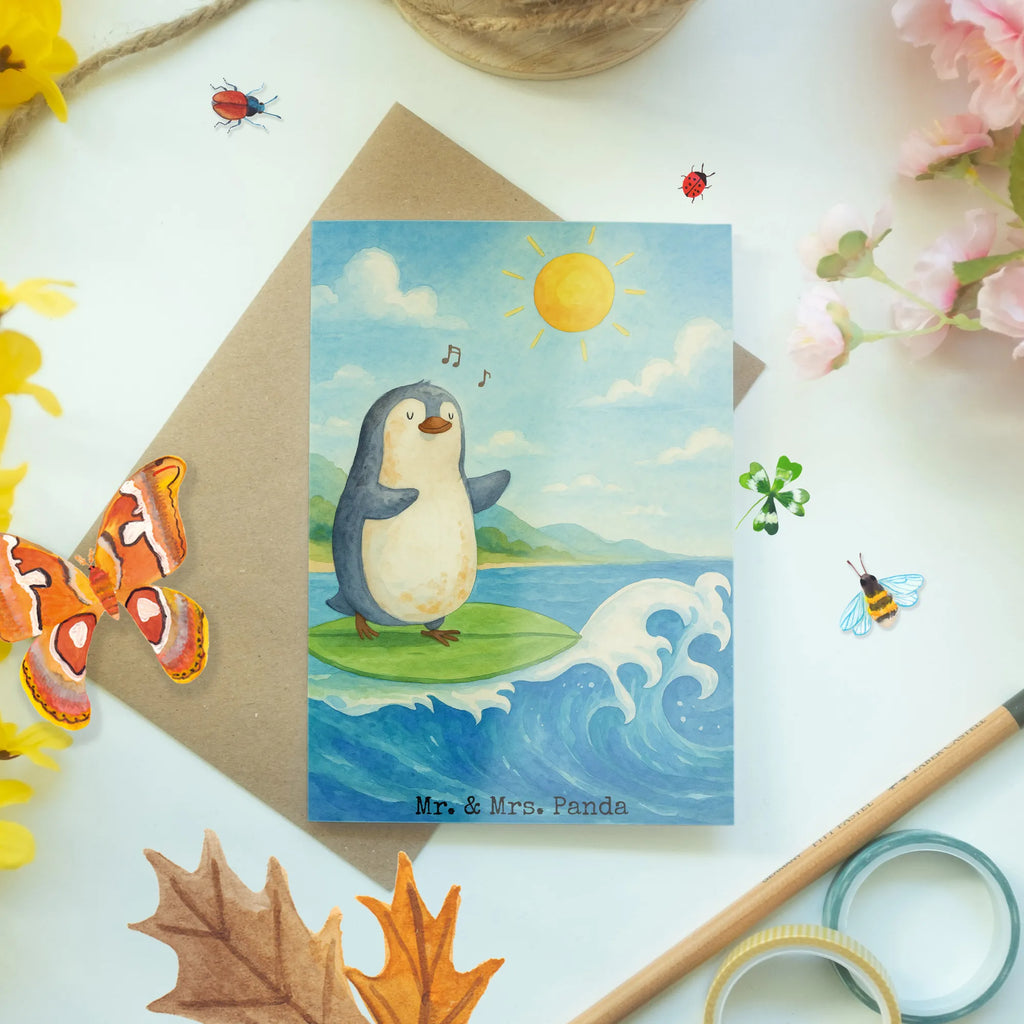 Greetings card Penguin surfer Design Grußkarte, Klappkarte, Einladungskarte, Glückwunschkarte, Hochzeitskarte, Geburtstagskarte, Karte, Ansichtskarten, Pinguin, Pinguine, surfen, Surfer, Hawaii, Urlaub, Wellen, Wellen reiten, Portugal