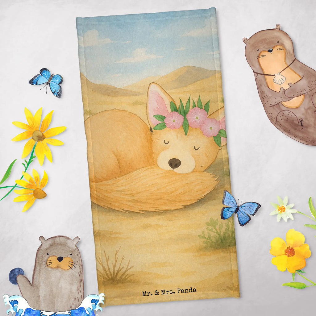 70 x 140 ręcznik lis pustynny kwiaty Design Duschtuch, Badetuch, Strandtuch, Saunatuch, Kinder Handtuch, Afrika, Wildtiere, Wüste, Wüstenfuchs, Blumen, Blumenkranz, Glücklich