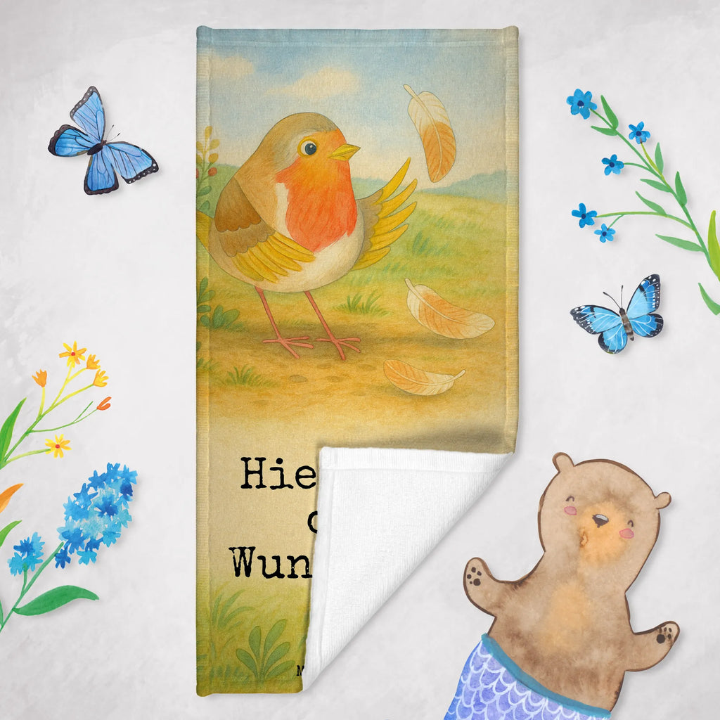 Personalisiertes Badehandtuch Rotkehlchen Federn Design Saunatuch mit Namen, Personalisiertes Handtuch, Badetuch mit Namen, Personalisiertes Badetuch, Duschtuch mit Namen, Kinder Handtuch mit Namen, Strandtuch mit Namen, Tiermotive, Gute Laune, lustige Sprüche, Tiere, Motivationsbilder, Spruch Motivation, Motivation Sprüche, Rotkehlchen, fliegen, What if i fall, Vogel, Spruch Mut