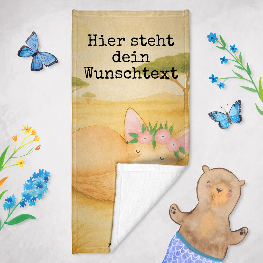Personalisiertes Badehandtuch Wüstenfuchs Blumen Design Duschtuch mit Namen, Saunatuch mit Namen, Personalisiertes Handtuch, Strandtuch mit Namen, Kinder Handtuch mit Namen, Personalisiertes Badetuch, Badetuch mit Namen, Afrika, Wildtiere, Blumen, Glücklich, Wüstenfuchs, Blumenkranz, Wüste