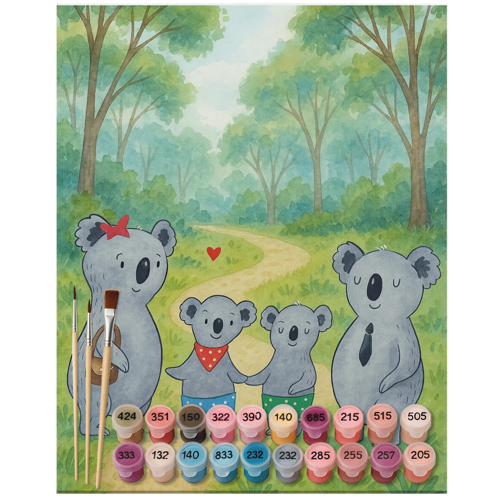 Malowanie według numerów Rodzina koali dwa Design Künstler, Malen, Kreativität, DIY, Malen nach Zahlen, Kunstwerk, Ausmalbild, Bastelidee, Baseln, Familie, Vatertag, Muttertag, Bruder, Schwester, Mama, Papa, Oma, Opa, Koalabär, beste Familie, Familienzeit, Koala, Familienleben, Lieblingsfamilie, Koalafamilie