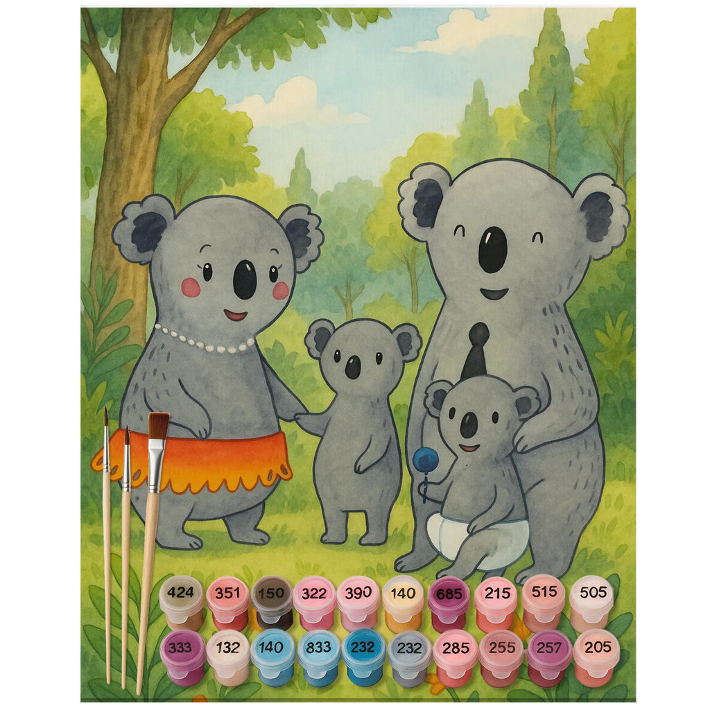 Malen nach Zahlen Koala Familie Design Kreativität, Ausmalbild, Kunstwerk, Künstler, Malen, Baseln, DIY, Malen nach Zahlen, Bastelidee, Familie, Vatertag, Muttertag, Bruder, Schwester, Mama, Papa, Oma, Opa, Kinder, Koalas, Family, Geschwister, Koala, Familienleben