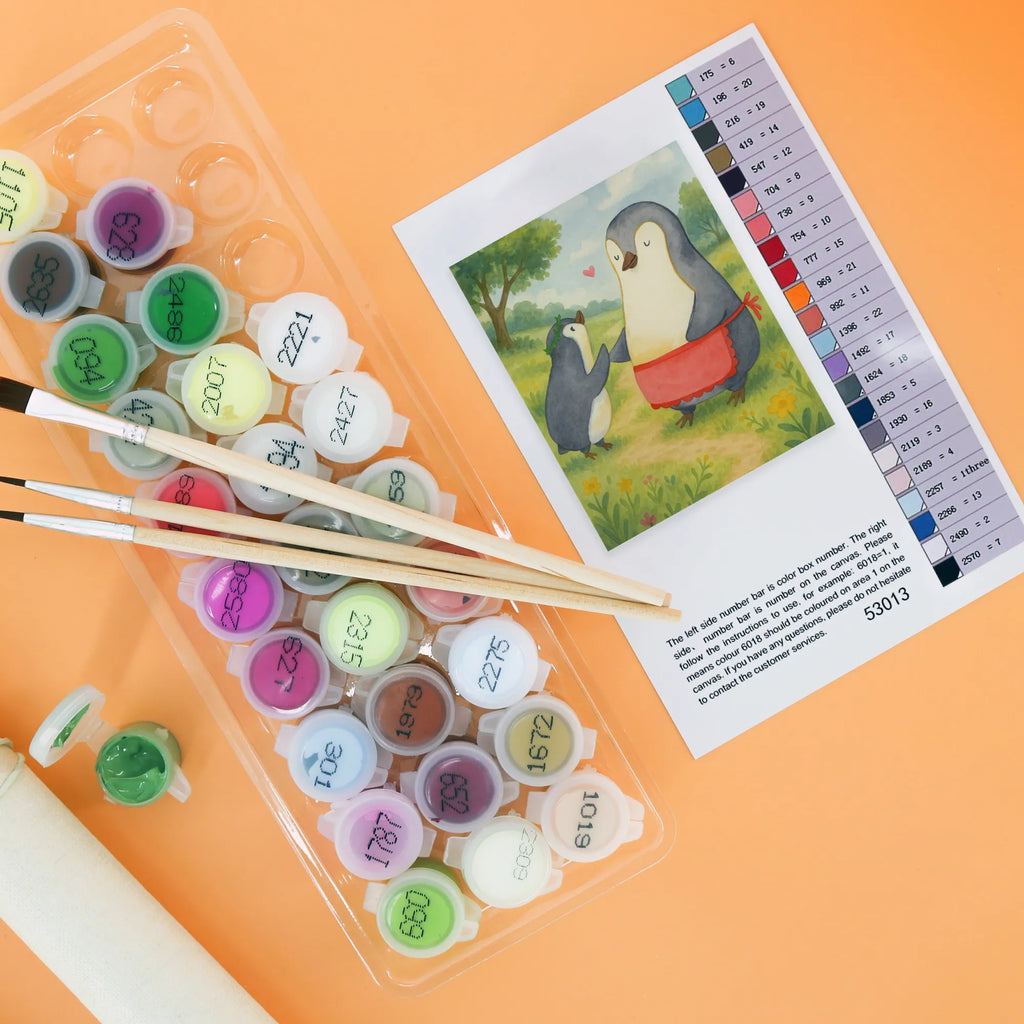 Malen nach Zahlen Pinguin mit Kind Design Kreativität, Malen nach Zahlen, Bastelidee, Ausmalbild, Malen, Kunstwerk, DIY, Baseln, Künstler, Familie, Vatertag, Muttertag, Bruder, Schwester, Mama, Papa, Oma, Opa, Mutti, Geschenk, Geburststag, Mami, Mutter