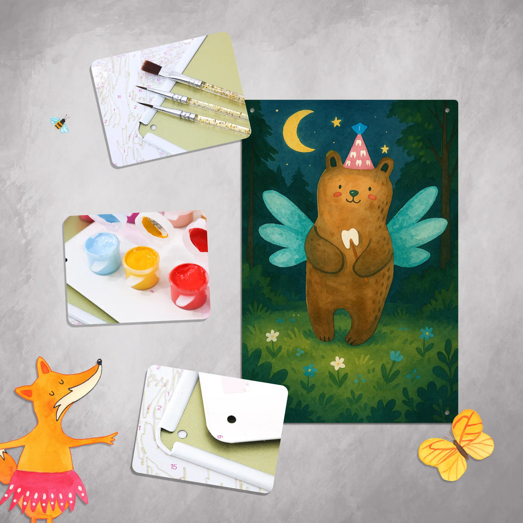 Malen nach Zahlen Metallschild Bär Zahnfee Design Malen, Malen nach Zahlen, Kreativität, DIY, Bastelidee, Ausmalbild, Künstler, Baseln, Kunstwerk, Bär, Teddy, Teddybär, Erster Zahn, Fee, Milchzahn, Zahnfee