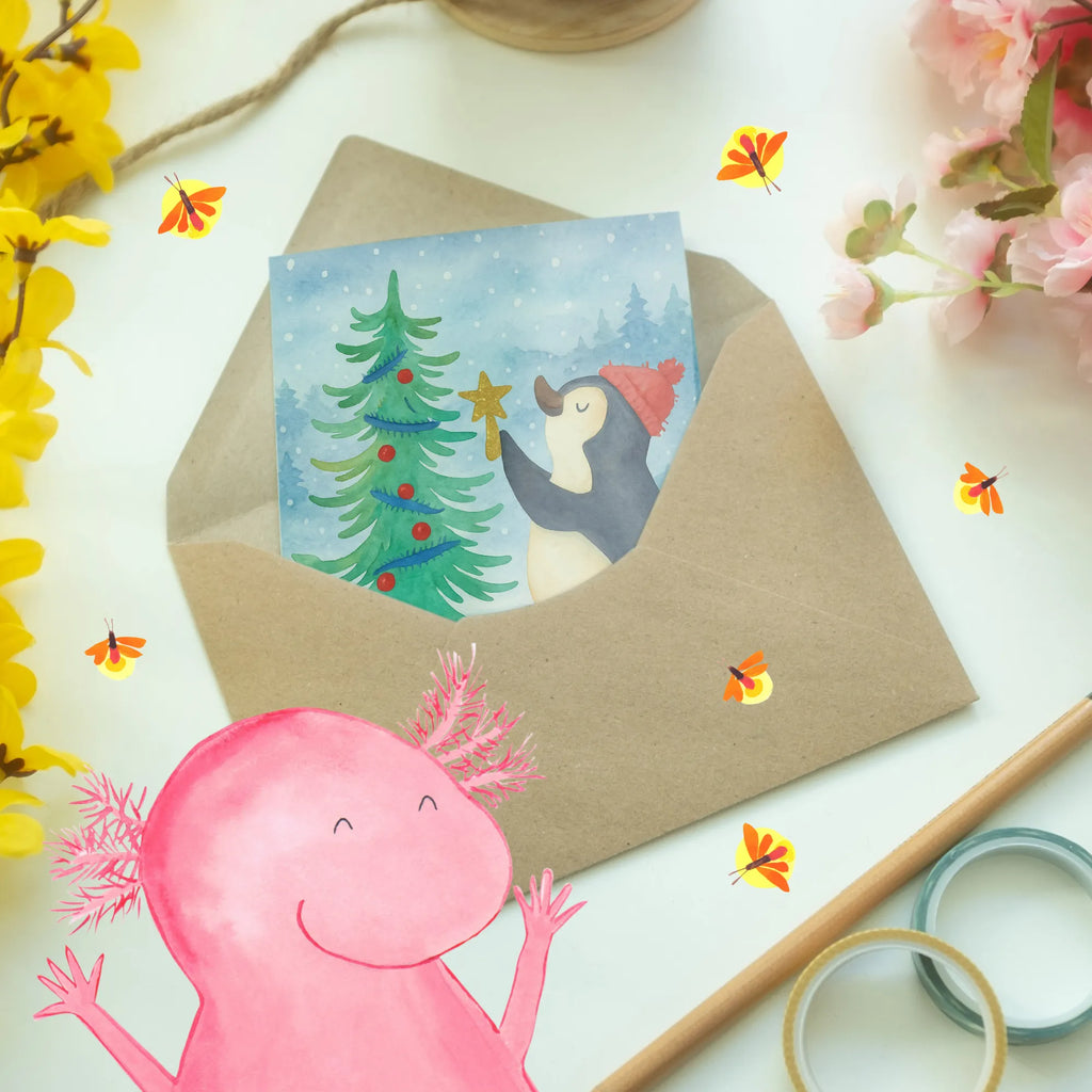 Greetings card penguin Christmas tree Design Ansichtskarten, Einladungskarte, Grußkarte, Hochzeitskarte, Klappkarte, Geburtstagskarte, Karte, Glückwunschkarte, Winter, Weihnachten, Weihnachtsdeko, Nikolaus, Advent, Heiligabend, Wintermotiv, Pinguin