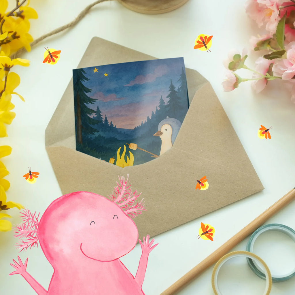 Greetings card Penguin campfire Design Grußkarte, Klappkarte, Einladungskarte, Glückwunschkarte, Hochzeitskarte, Geburtstagskarte, Karte, Ansichtskarten, Pinguin, Maus, Pinguine, Lagerfeuer, Leben, Arbeit, Job, Motivation, Büro, Büroalltag, Lebensspruch, Lebensmotivation, Neustart, Liebe, grillen, Feuer, Marshmallows