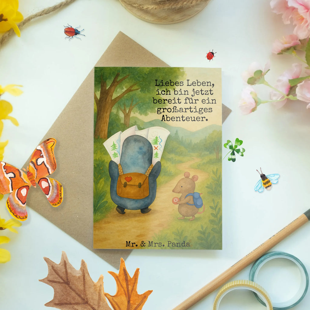 Kartka okolicznościowa Pingwin i Mysz Wędrowcy Design Grußkarte, Klappkarte, Einladungskarte, Glückwunschkarte, Hochzeitskarte, Geburtstagskarte, Karte, Ansichtskarten, Pinguin, Pinguine, Abenteurer, Abenteuer, Roadtrip, Ausflug, Wanderlust, wandern