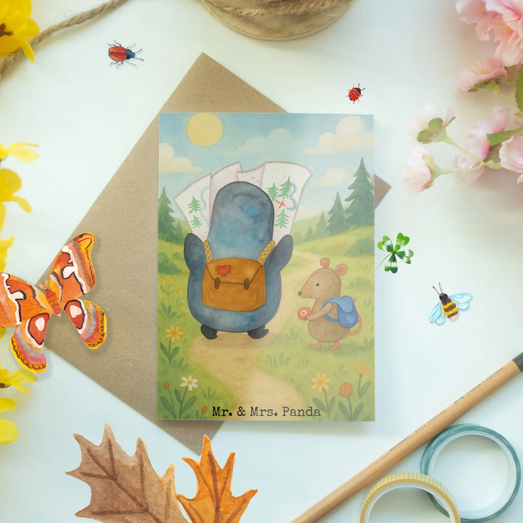 Kartka okolicznościowa Pingwin i Mysz Wędrowcy Design Grußkarte, Klappkarte, Einladungskarte, Glückwunschkarte, Hochzeitskarte, Geburtstagskarte, Karte, Ansichtskarten, Pinguin, Pinguine, Abenteurer, Abenteuer, Roadtrip, Ausflug, Wanderlust, wandern