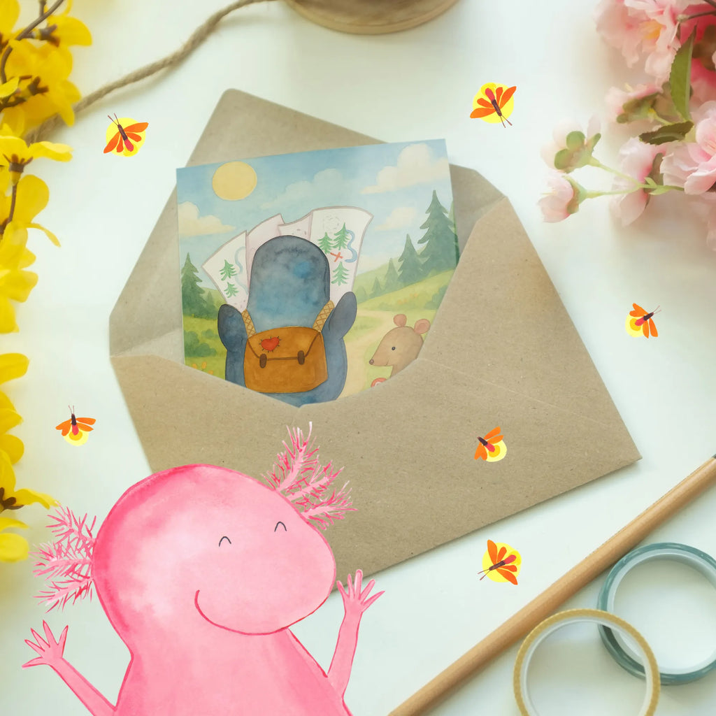 Kartka okolicznościowa Pingwin i Mysz Wędrowcy Design Grußkarte, Klappkarte, Einladungskarte, Glückwunschkarte, Hochzeitskarte, Geburtstagskarte, Karte, Ansichtskarten, Pinguin, Pinguine, Abenteurer, Abenteuer, Roadtrip, Ausflug, Wanderlust, wandern