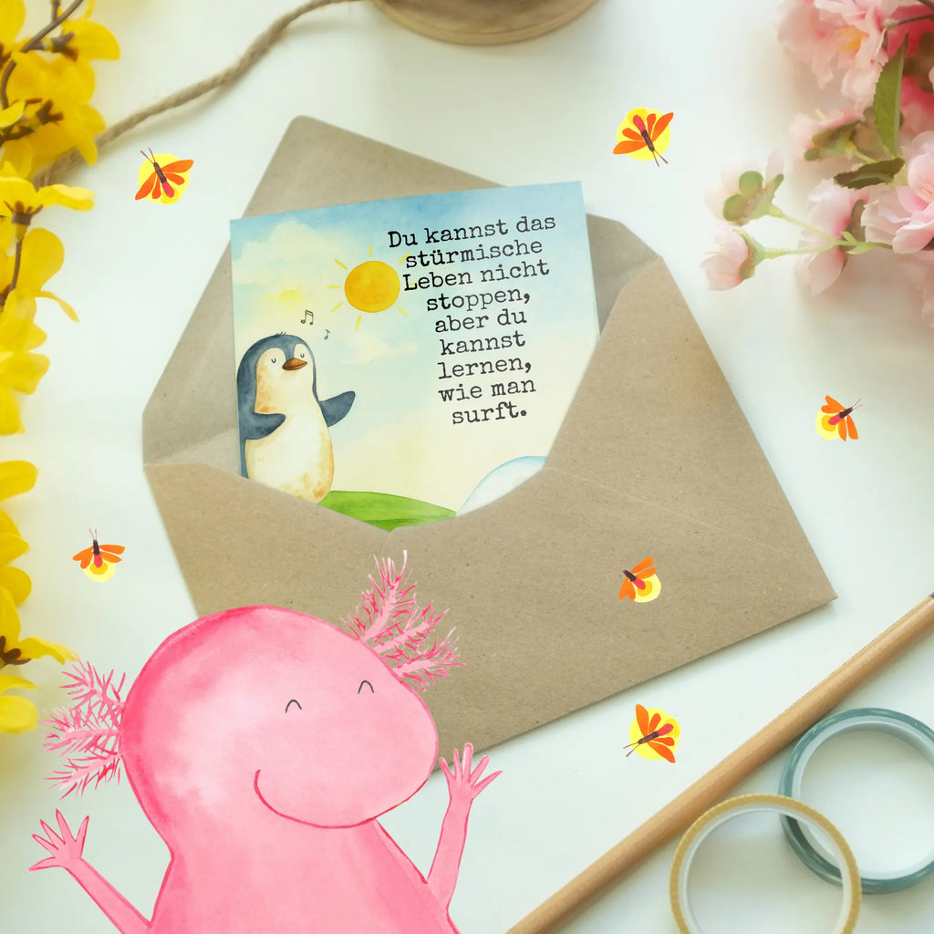Greetings card Penguin surfer Design Grußkarte, Klappkarte, Einladungskarte, Glückwunschkarte, Hochzeitskarte, Geburtstagskarte, Karte, Ansichtskarten, Pinguin, Pinguine, surfen, Surfer, Hawaii, Urlaub, Wellen, Wellen reiten, Portugal