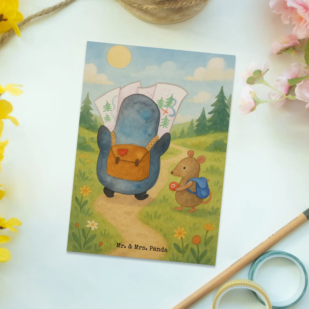 Postcard Penguin & Mouse Hiker Design North Pole, Penguins, penguins, hiking, adventurer, road trip, adventure, excursion