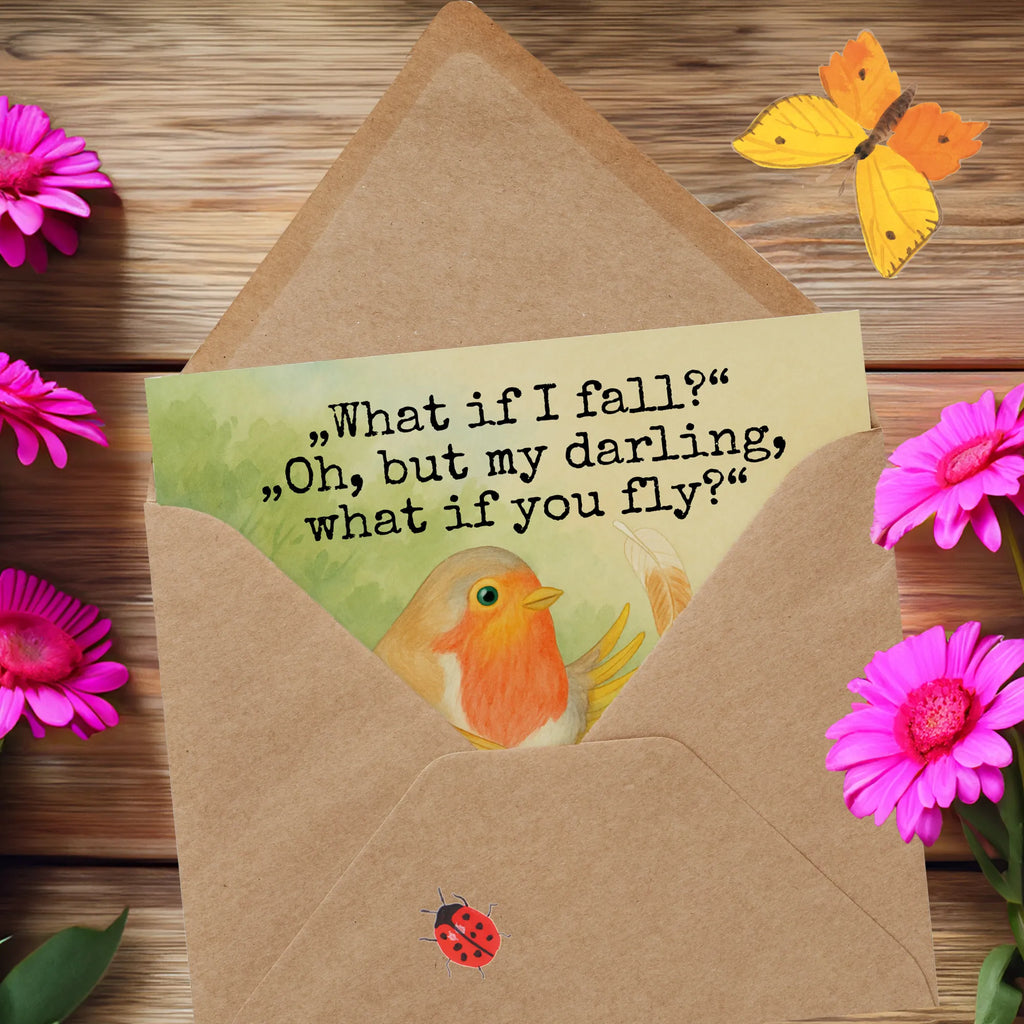 Deluxe Karte Rotkehlchen Federn Design Karte, Grußkarte, Klappkarte, Einladungskarte, Glückwunschkarte, Hochzeitskarte, Geburtstagskarte, Hochwertige Grußkarte, Hochwertige Klappkarte, Tiermotive, Gute Laune, lustige Sprüche, Tiere, What if i fall, Rotkehlchen, Spruch Motivation, Spruch Mut, Vogel, Motivation Sprüche, Motivationsbilder, fliegen