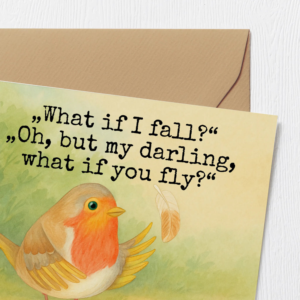 Deluxe Karte Rotkehlchen Federn Design Karte, Grußkarte, Klappkarte, Einladungskarte, Glückwunschkarte, Hochzeitskarte, Geburtstagskarte, Hochwertige Grußkarte, Hochwertige Klappkarte, Tiermotive, Gute Laune, lustige Sprüche, Tiere, What if i fall, Rotkehlchen, Spruch Motivation, Spruch Mut, Vogel, Motivation Sprüche, Motivationsbilder, fliegen