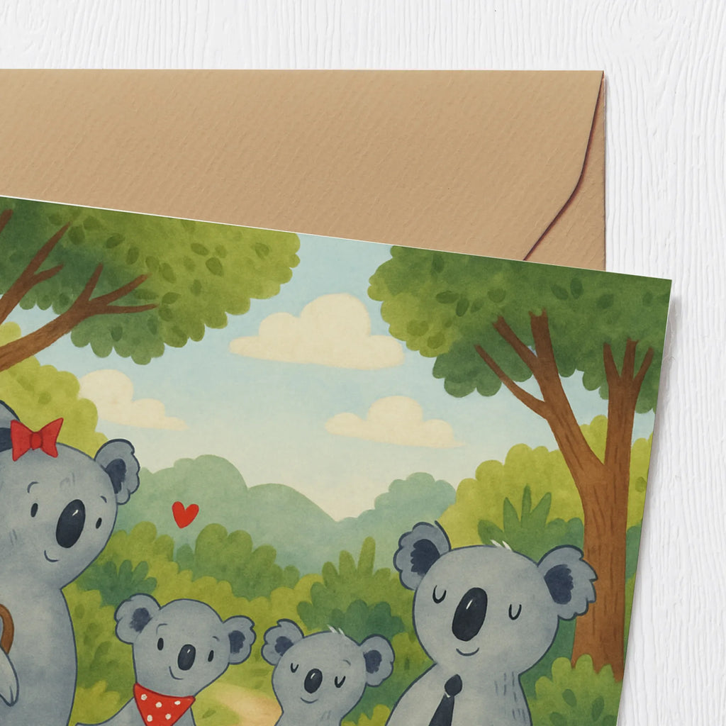 Deluxe Card Koala family with two kids Design Karte, Grußkarte, Klappkarte, Einladungskarte, Glückwunschkarte, Hochzeitskarte, Geburtstagskarte, Hochwertige Grußkarte, Hochwertige Klappkarte, Familie, Vatertag, Muttertag, Bruder, Schwester, Mama, Papa, Oma, Opa, Koala, Koalabär, beste Familie, Familienzeit, Familienleben, Koalafamilie, Lieblingsfamilie