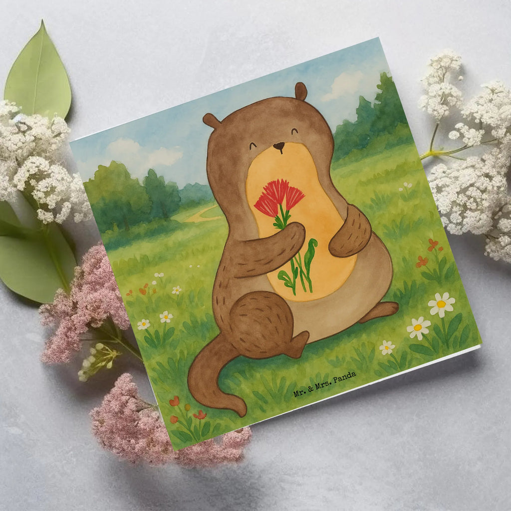 Deluxe Karte Otter Blumenstrauß Design Karte, Grußkarte, Klappkarte, Einladungskarte, Glückwunschkarte, Hochzeitskarte, Geburtstagskarte, Hochwertige Grußkarte, Hochwertige Klappkarte, Otter, Fischotter, Seeotter, Otter Seeotter See Otter