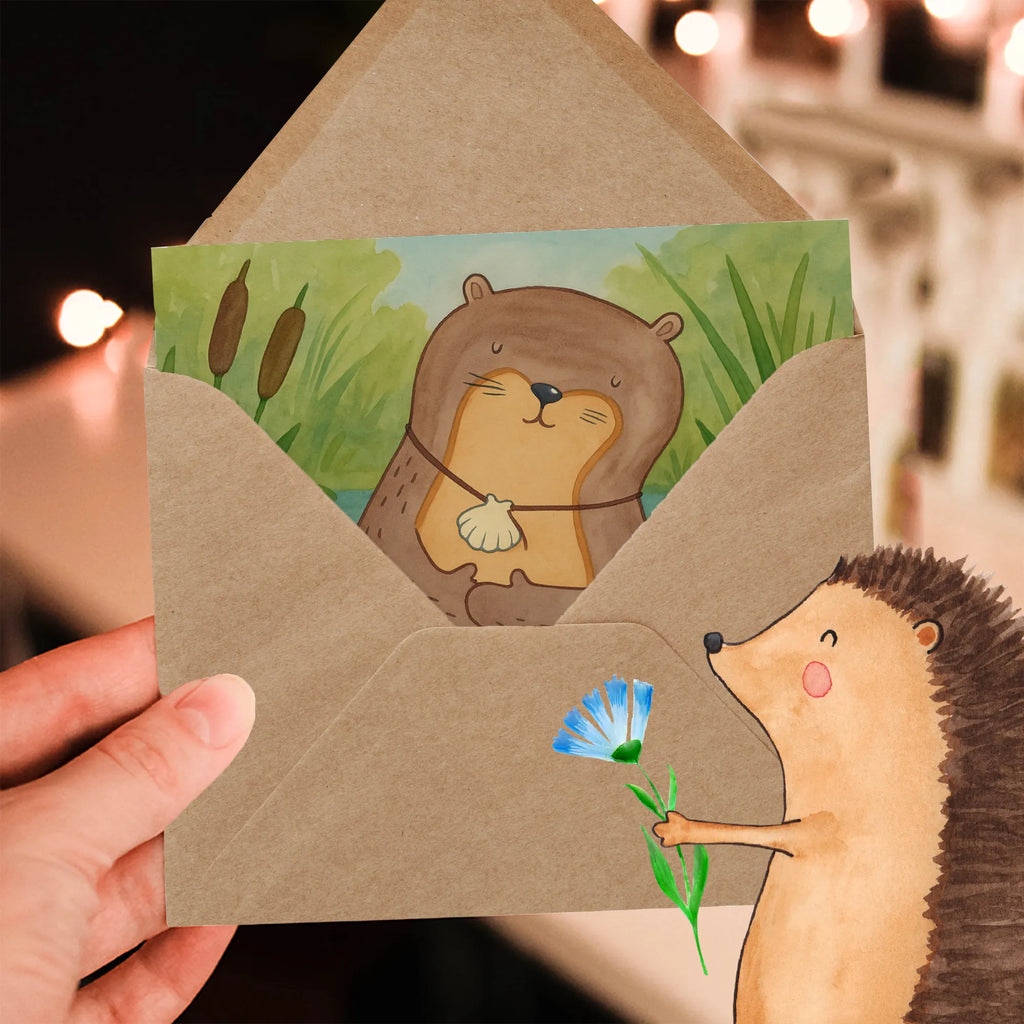 Deluxe Card otter shell Design Karte, Grußkarte, Klappkarte, Einladungskarte, Glückwunschkarte, Hochzeitskarte, Geburtstagskarte, Hochwertige Grußkarte, Hochwertige Klappkarte, Otter, Fischotter, Seeotter, Otterliebe, grübeln, träumen, Motivation, Tagträumen, Büro