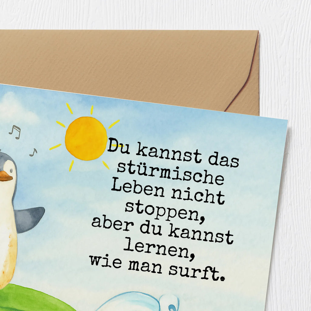 Deluxe Card Penguin surfer Design Karte, Grußkarte, Klappkarte, Einladungskarte, Glückwunschkarte, Hochzeitskarte, Geburtstagskarte, Hochwertige Grußkarte, Hochwertige Klappkarte, Pinguin, Pinguine, surfen, Surfer, Hawaii, Urlaub, Wellen, Wellen reiten, Portugal
