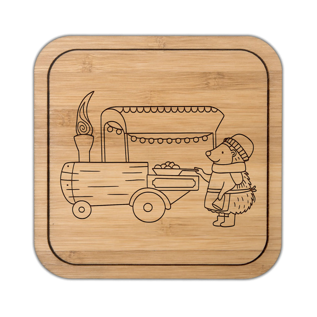 Square coaster hedgehog Chestnuts glass, giveaways, coasters, presents, party, breakfast, wood, glasses, gifts, set, square, glass coasters, gift, Winter, Christmas, Christmas time, snow