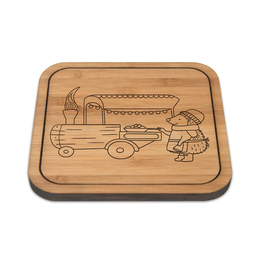 Square coaster hedgehog Chestnuts glass, giveaways, coasters, presents, party, breakfast, wood, glasses, gifts, set, square, glass coasters, gift, Winter, Christmas, Christmas time, snow