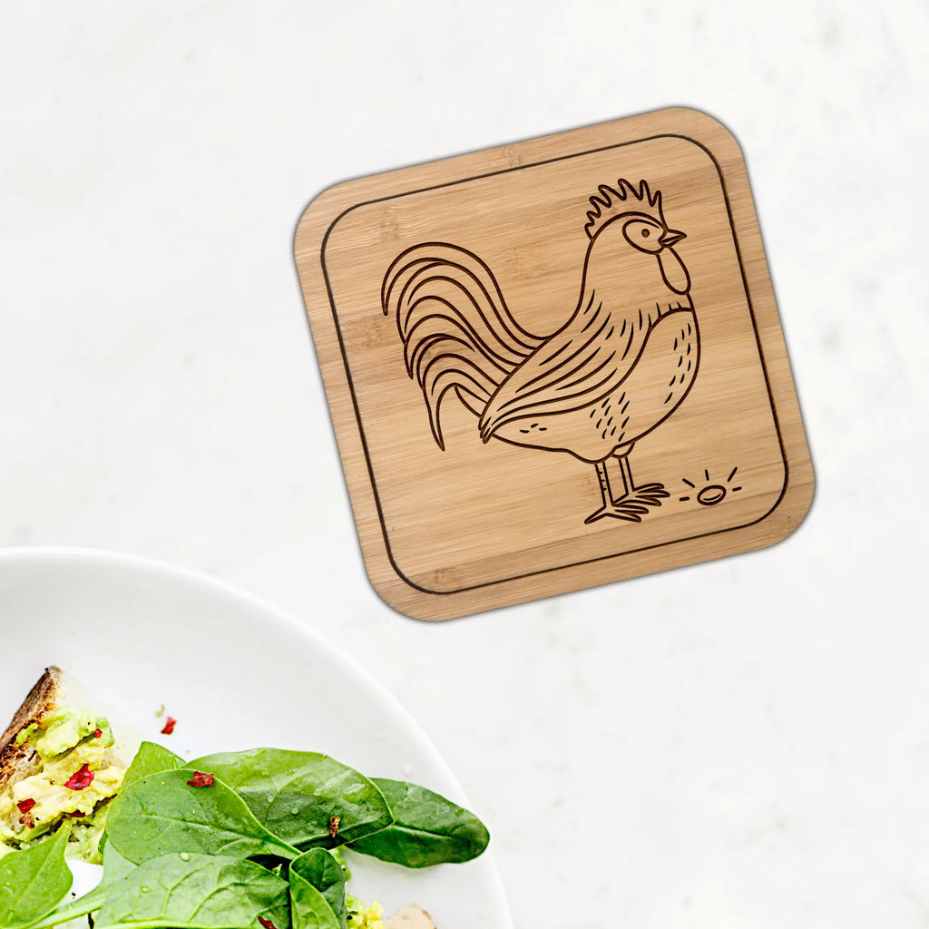 Square coaster Faucet grain wood, giveaways, gifts, glasses, gift, breakfast, glass, coasters, party, square, set, presents, glass coasters, farm, farm animals, animals, cock, hen, corn, eggs, nature