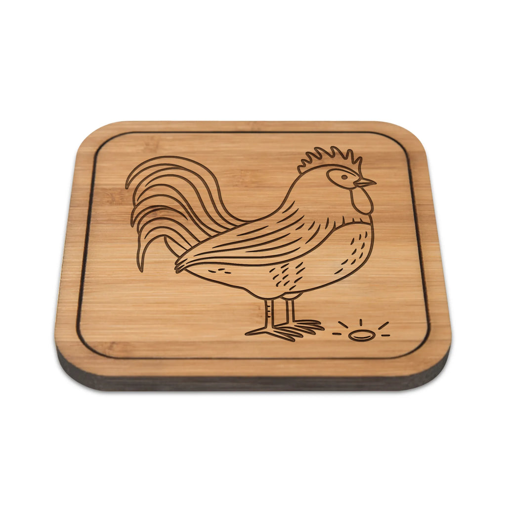 Square coaster Faucet grain wood, giveaways, gifts, glasses, gift, breakfast, glass, coasters, party, square, set, presents, glass coasters, farm, farm animals, animals, cock, hen, corn, eggs, nature