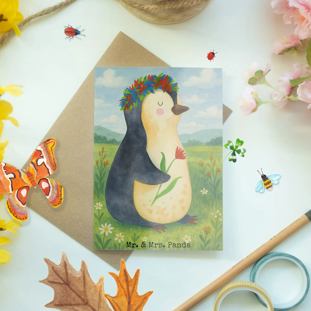 Grußkarte Pinguin Blumen Design Grußkarte, Klappkarte, Einladungskarte, Glückwunschkarte, Hochzeitskarte, Geburtstagskarte, Karte, Ansichtskarten, Pinguin, Pinguine, Blumenkranz, Universum, Leben, Wünsche, Ziele, Lebensziele, Motivation, Lebenslust, Liebeskummer, Geschenkidee