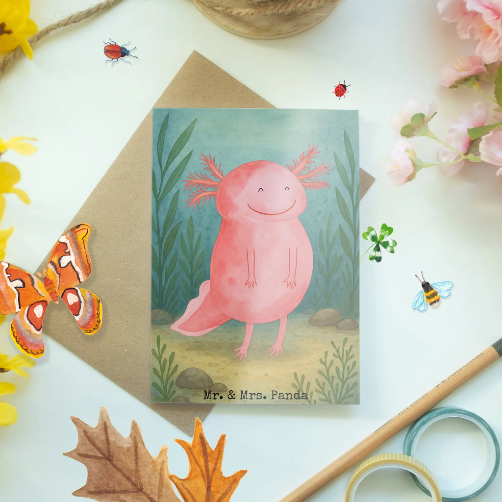 Grußkarte Axolotl Glücklich Design Grußkarte, Klappkarte, Einladungskarte, Glückwunschkarte, Hochzeitskarte, Geburtstagskarte, Karte, Ansichtskarten, Axolotl, Molch, Axolot, Schwanzlurch, Lurch, Lurche, Motivation, gute Laune