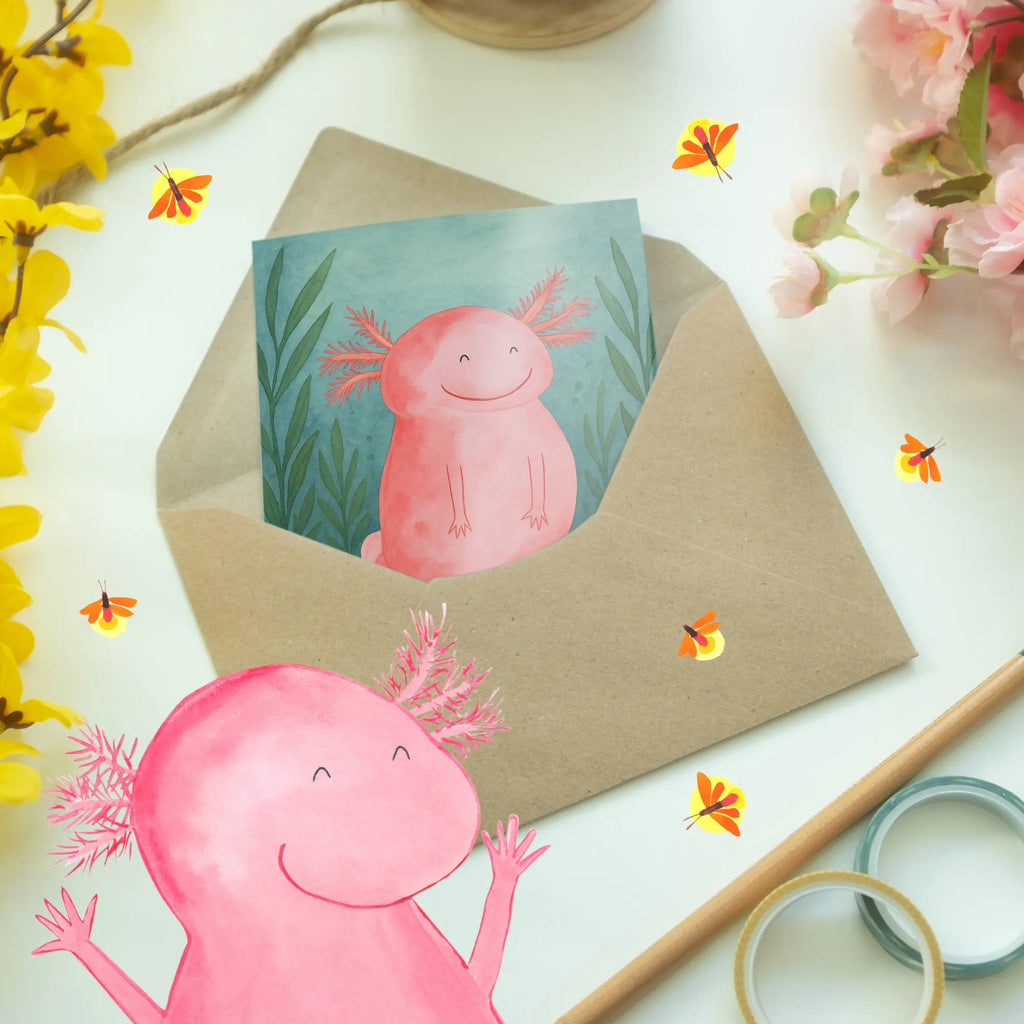 Grußkarte Axolotl Glücklich Design Grußkarte, Klappkarte, Einladungskarte, Glückwunschkarte, Hochzeitskarte, Geburtstagskarte, Karte, Ansichtskarten, Axolotl, Molch, Axolot, Schwanzlurch, Lurch, Lurche, Motivation, gute Laune