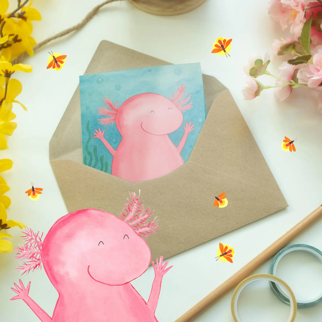 Grußkarte Axolotl Hurra Design Grußkarte, Klappkarte, Einladungskarte, Glückwunschkarte, Hochzeitskarte, Geburtstagskarte, Karte, Ansichtskarten, Axolotl, Molch, Axolot, Schwanzlurch, Lurch, Lurche, fröhlich, Spaß, Freude, Motivation, Zufriedenheit