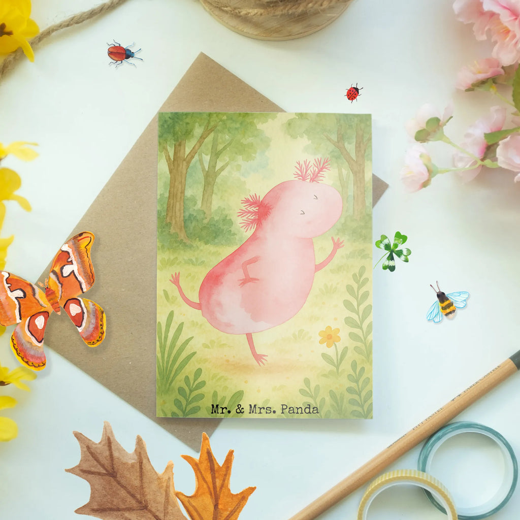 Grußkarte Axolotl Tanzen Design Grußkarte, Klappkarte, Einladungskarte, Glückwunschkarte, Hochzeitskarte, Geburtstagskarte, Karte, Ansichtskarten, Axolotl, Molch, Axolot, Schwanzlurch, Lurch, Lurche, Dachschaden, Sterne, verrückt, Freundin, beste Freundin