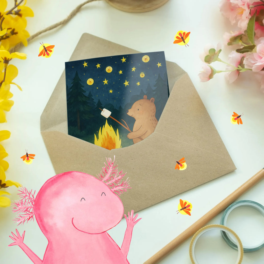 Grußkarte Bär & Marienkäfer Lagerfeuer Design Grußkarte, Klappkarte, Einladungskarte, Glückwunschkarte, Hochzeitskarte, Geburtstagskarte, Karte, Ansichtskarten, Bär, Teddy, Teddybär, Lagerfeuer