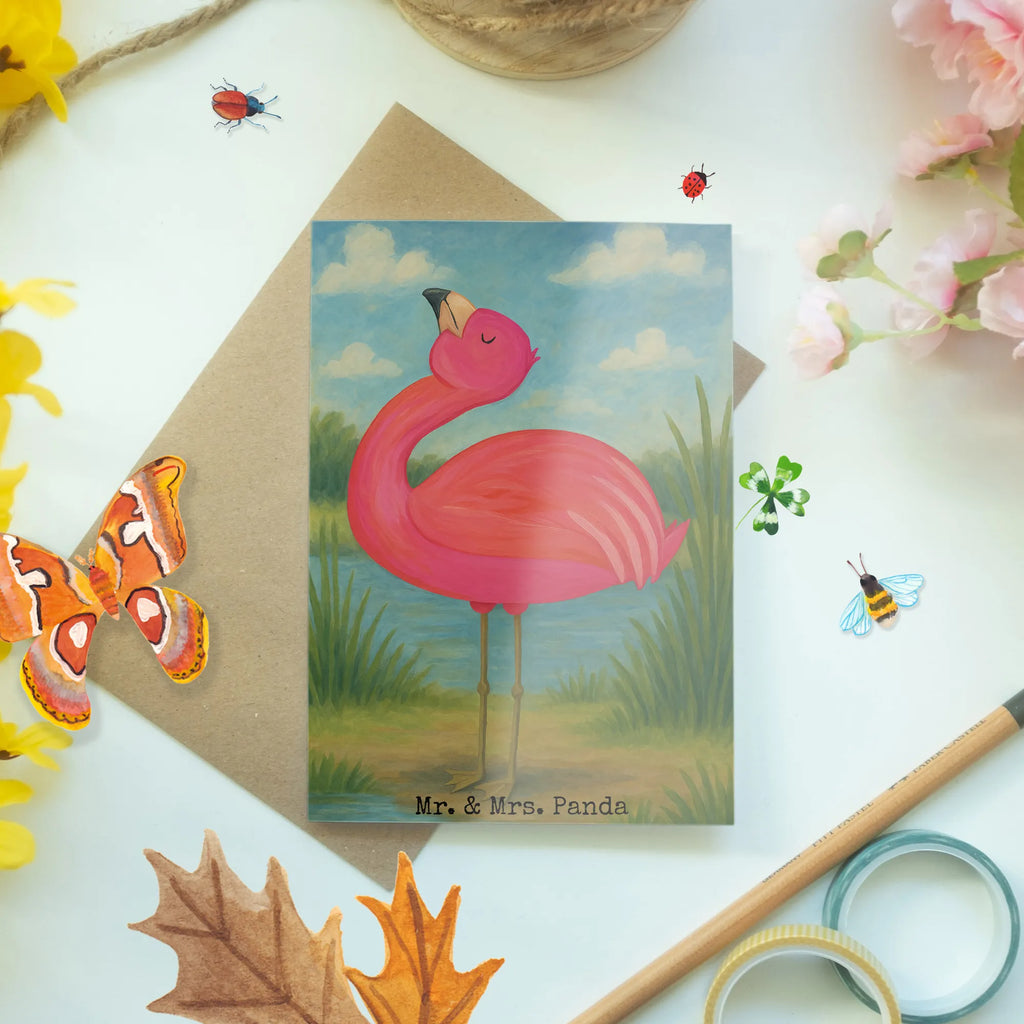 Grußkarte Flamingo Stolz Design Grußkarte, Klappkarte, Einladungskarte, Glückwunschkarte, Hochzeitskarte, Geburtstagskarte, Karte, Ansichtskarten, Flamingo, stolz, Freude, Selbstliebe, Selbstakzeptanz, Freundin, beste Freundin, Tochter, Mama, Schwester