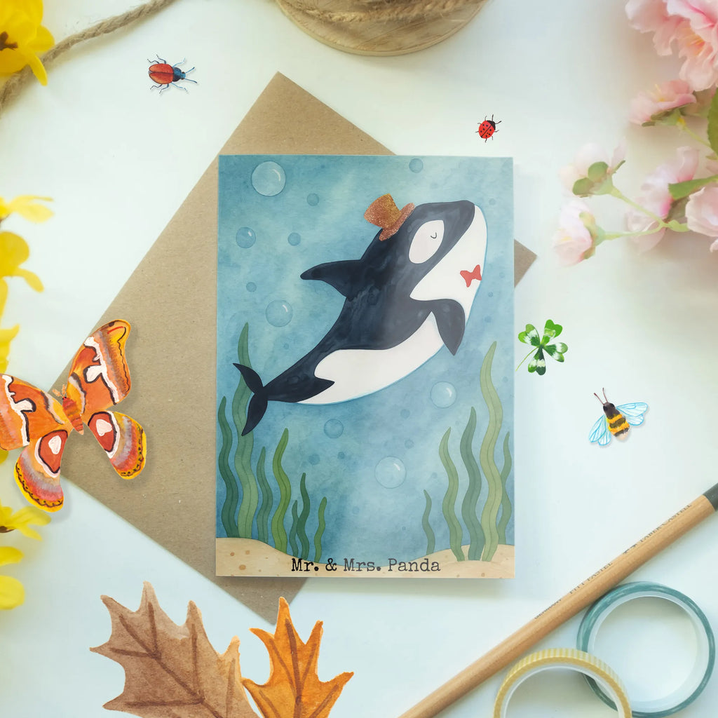 Grußkarte Orca Zylinder Design Grußkarte, Klappkarte, Einladungskarte, Glückwunschkarte, Hochzeitskarte, Geburtstagskarte, Karte, Ansichtskarten, Meerestiere, Meer, Urlaub, Narwal, Glitter, Konfetti, Glitzer, Geburtstag, Feier, Fete, Fest, Glückwunsch, Orca