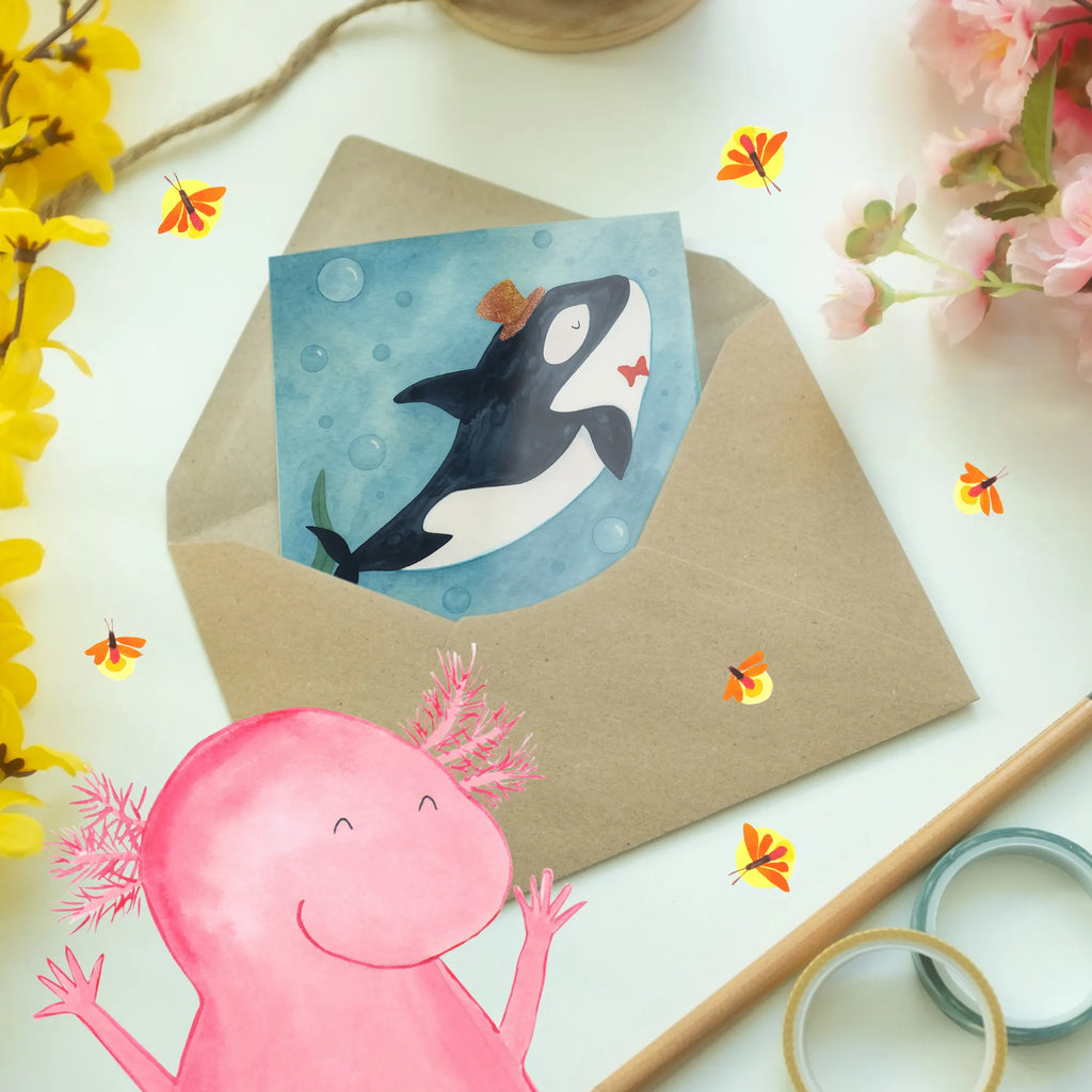 Grußkarte Orca Zylinder Design Grußkarte, Klappkarte, Einladungskarte, Glückwunschkarte, Hochzeitskarte, Geburtstagskarte, Karte, Ansichtskarten, Meerestiere, Meer, Urlaub, Narwal, Glitter, Konfetti, Glitzer, Geburtstag, Feier, Fete, Fest, Glückwunsch, Orca