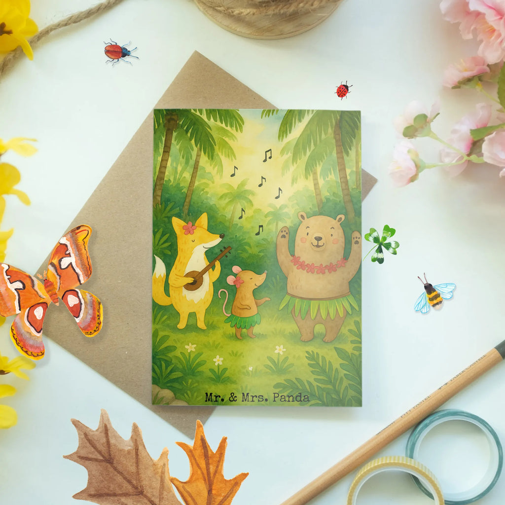 Grußkarte Waldtiere Aloha Design Grußkarte, Klappkarte, Einladungskarte, Glückwunschkarte, Hochzeitskarte, Geburtstagskarte, Karte, Ansichtskarten, Tiermotive, Gute Laune, lustige Sprüche, Tiere, Wald, Waldtiere, Musik, Aloha, Bär, Hase, Igel, Tanzen, Leben, Lachen