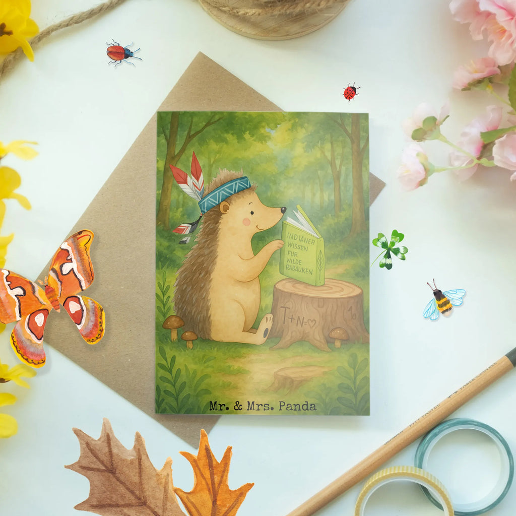 Grußkarte Igel Federschmuck Design Grußkarte, Klappkarte, Einladungskarte, Glückwunschkarte, Hochzeitskarte, Geburtstagskarte, Karte, Ansichtskarten, Waldtiere, Tiere, Igel, Indianer, Abenteuer, Lagerfeuer, Camping