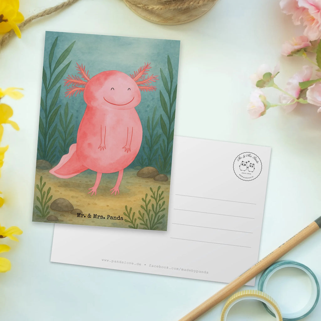 Postkarte Axolotl Glücklich Design Postkarte, Karte, Geschenkkarte, Grußkarte, Einladung, Ansichtskarte, Geburtstagskarte, Einladungskarte, Dankeskarte, Ansichtskarten, Einladung Geburtstag, Einladungskarten Geburtstag, Axolotl, Molch, Axolot, Schwanzlurch, Lurch, Lurche, Motivation, gute Laune