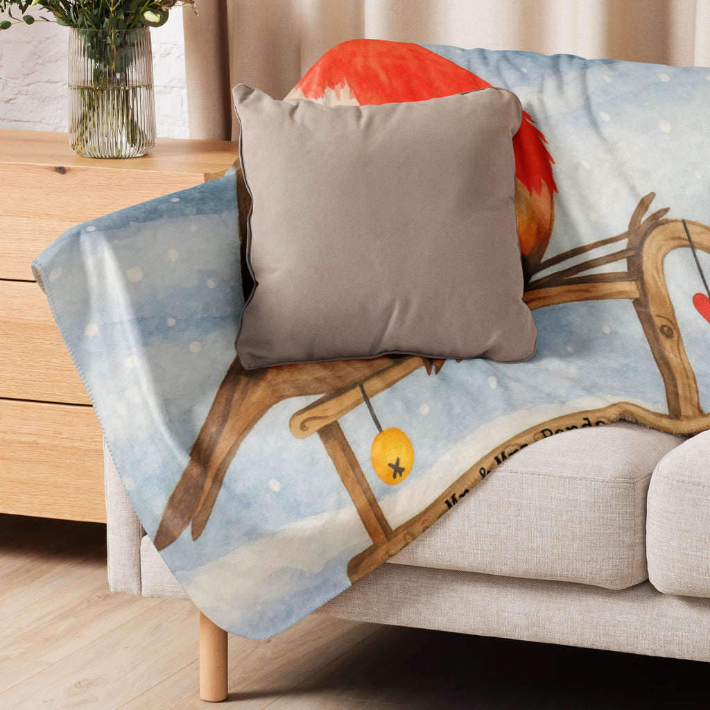 Sherpa Kuscheldecke Rotkehlchen Schlitten Design Winter, Weihnachten, Weihnachtsdeko, Nikolaus, Advent, Heiligabend, Wintermotiv, Schlitten, Vogel