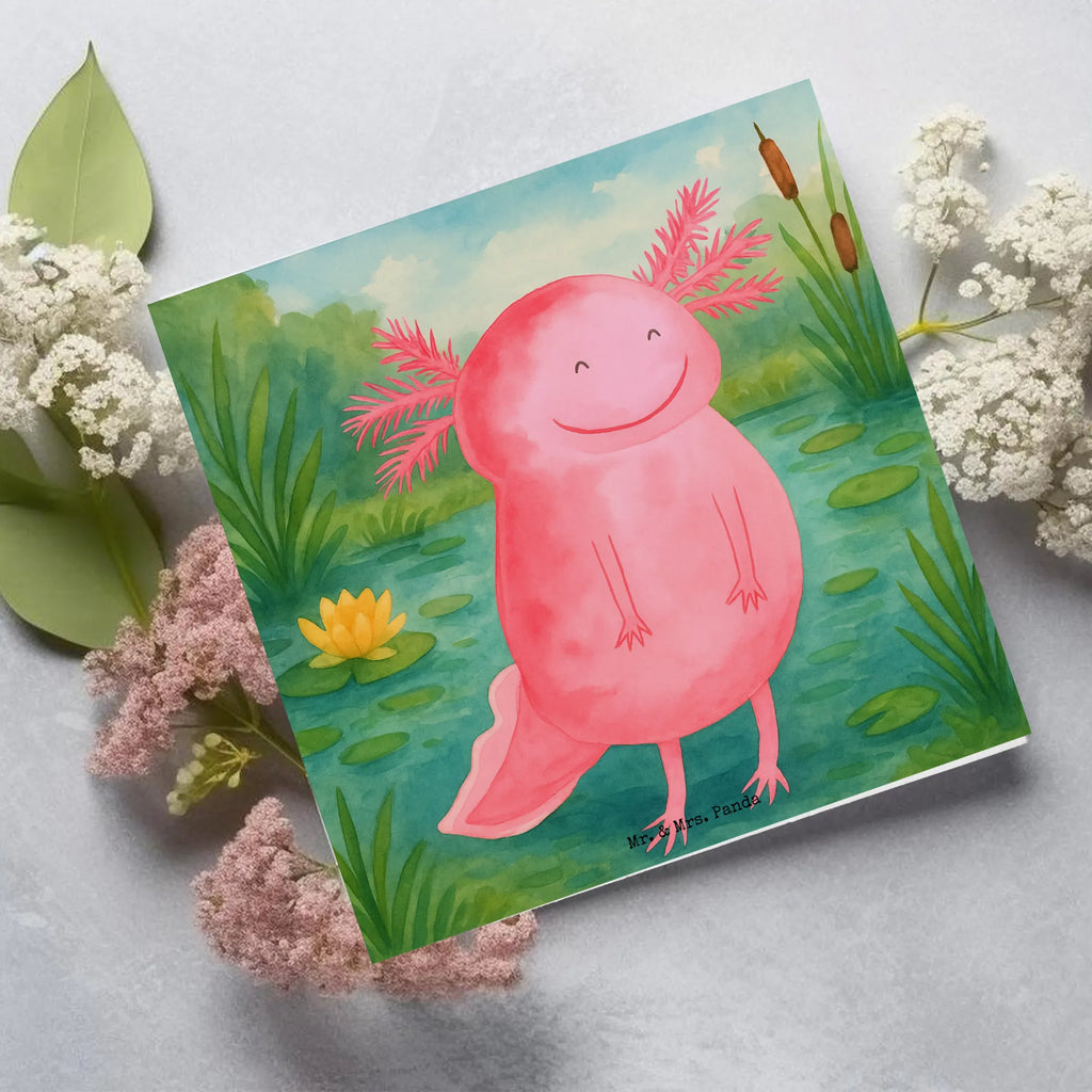 Deluxe Karte Axolotl Glücklich Design Karte, Grußkarte, Klappkarte, Einladungskarte, Glückwunschkarte, Hochzeitskarte, Geburtstagskarte, Hochwertige Grußkarte, Hochwertige Klappkarte, Axolotl, Molch, Axolot, Schwanzlurch, Lurch, Lurche, Motivation, gute Laune