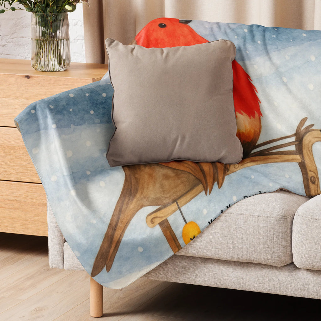 Sherpa Kuscheldecke Rotkehlchen Schlitten Design Winter, Weihnachten, Weihnachtsdeko, Nikolaus, Advent, Heiligabend, Wintermotiv, Schlitten, Vogel